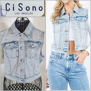 Ci Sono Light Blue Acid Wash Studded Rhinestones Denim Vest Women Size Large